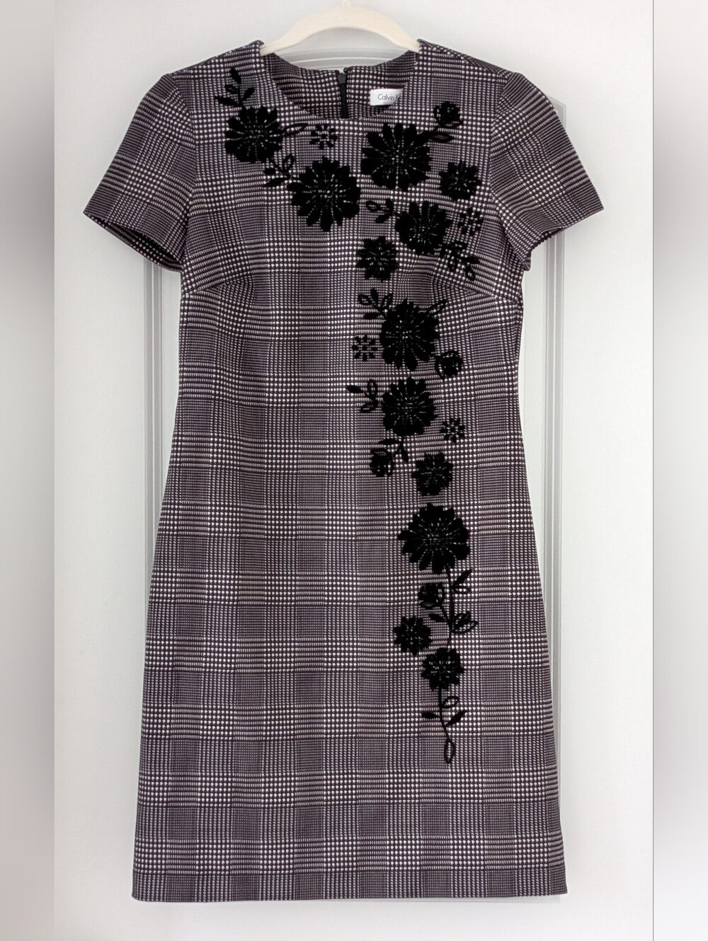 Calvin Klein Dark Grey Plaid Shift Dress with Black Floral Appliqué